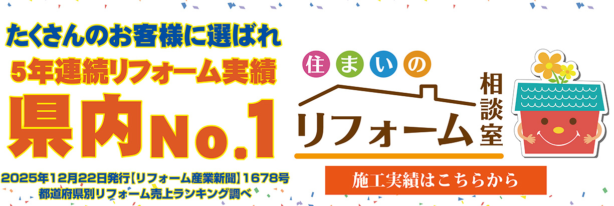 たくさんのお客様に選ばれ5年連続リフォーム実績県内No.1 2025年12月22日発行【リフォーム産業新聞】1678号都道府県別リフォーム売上ランキング調べ